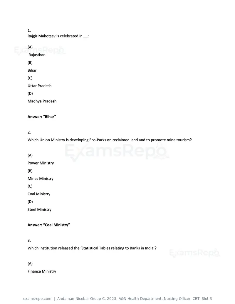 Andaman Nicobar Group C 2023 question paper, A&N Health Department, Nursing Officer, CBT, Slot 3, page 1 of 50