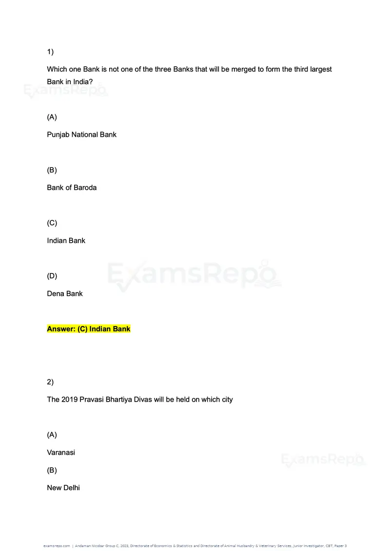 Andaman Nicobar Group C 2023 question paper, Directorate of Economics & Statistics and Directorate of Animal Husbandry & Veterinary Services, Junior Investigator, CBT, Paper 3, page 1 of 55