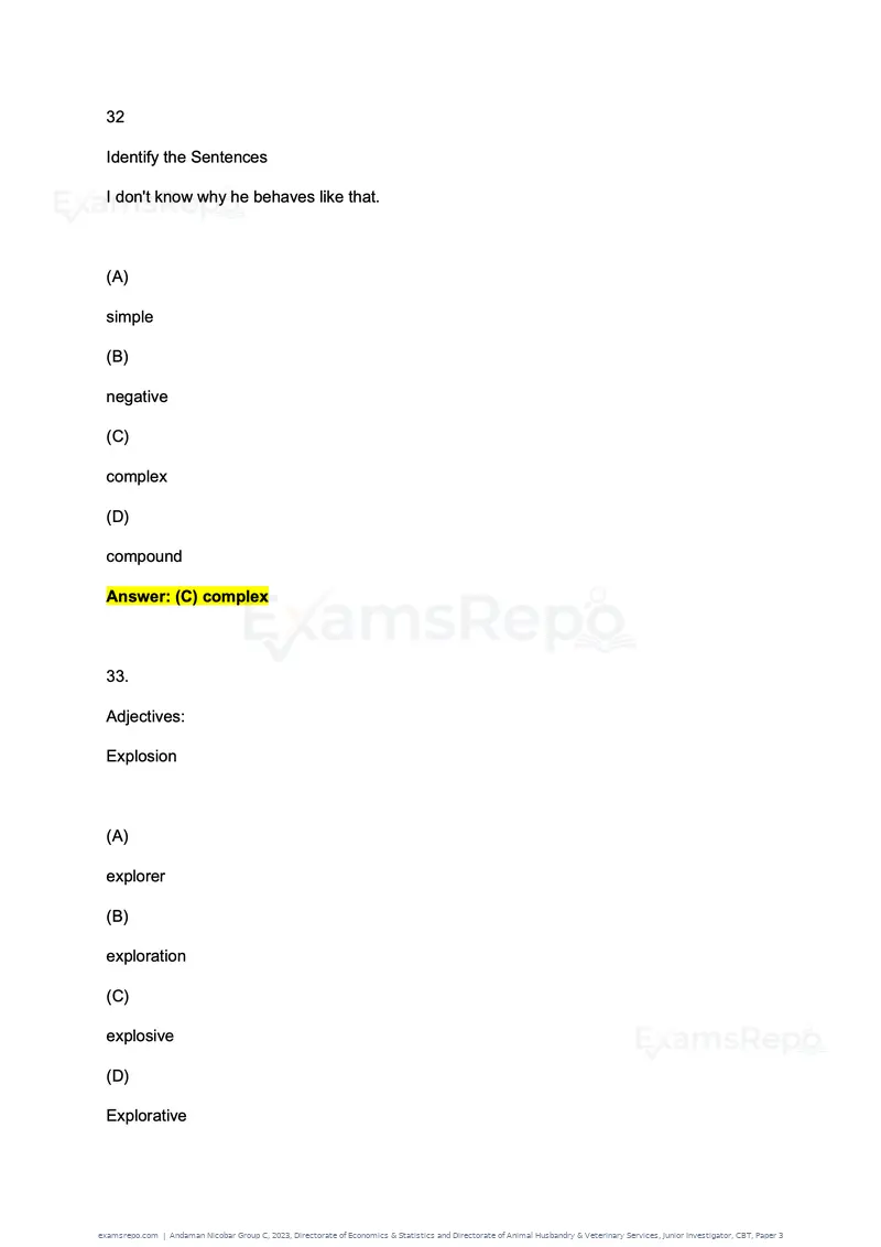 Andaman Nicobar Group C 2023 question paper, Directorate of Economics & Statistics and Directorate of Animal Husbandry & Veterinary Services, Junior Investigator, CBT, Paper 3, page 20 of 55