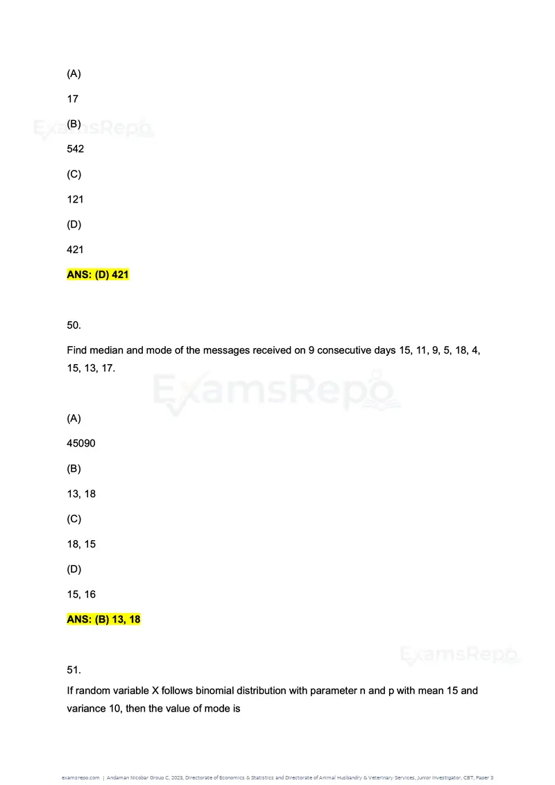 Andaman Nicobar Group C 2023 question paper, Directorate of Economics & Statistics and Directorate of Animal Husbandry & Veterinary Services, Junior Investigator, CBT, Paper 3, page 29 of 55