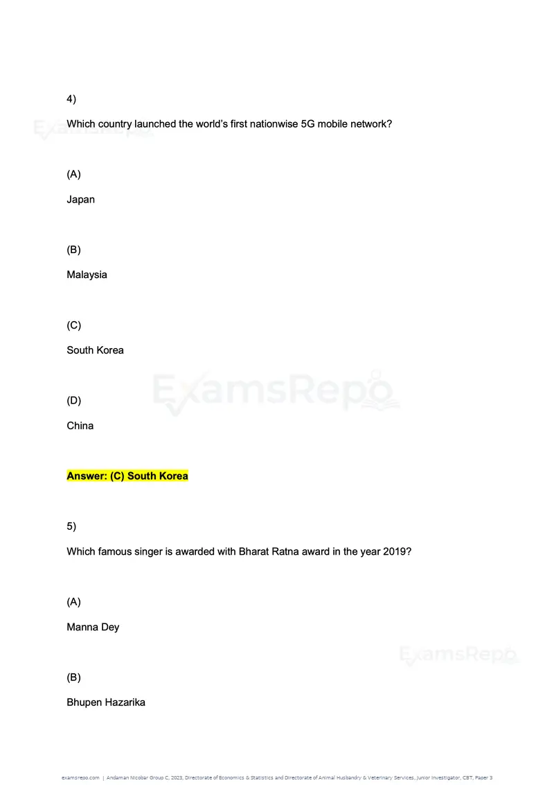 Andaman Nicobar Group C 2023 question paper, Directorate of Economics & Statistics and Directorate of Animal Husbandry & Veterinary Services, Junior Investigator, CBT, Paper 3, page 3 of 55