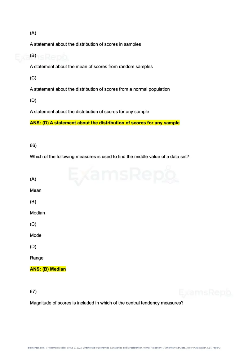 Andaman Nicobar Group C 2023 question paper, Directorate of Economics & Statistics and Directorate of Animal Husbandry & Veterinary Services, Junior Investigator, CBT, Paper 3, page 37 of 55