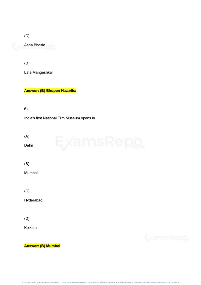 Andaman Nicobar Group C 2023 question paper, Directorate of Economics & Statistics and Directorate of Animal Husbandry & Veterinary Services, Junior Investigator, CBT, Paper 3, page 4 of 55