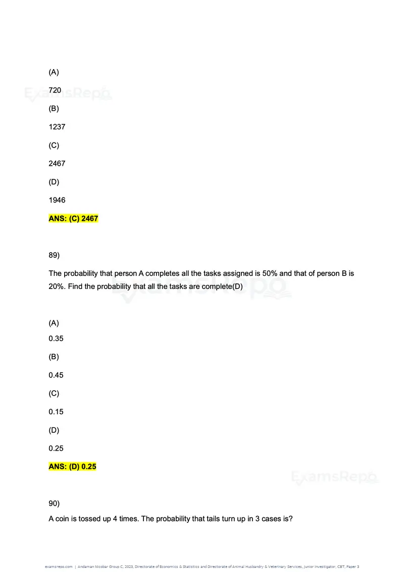 Andaman Nicobar Group C 2023 question paper, Directorate of Economics & Statistics and Directorate of Animal Husbandry & Veterinary Services, Junior Investigator, CBT, Paper 3, page 49 of 55