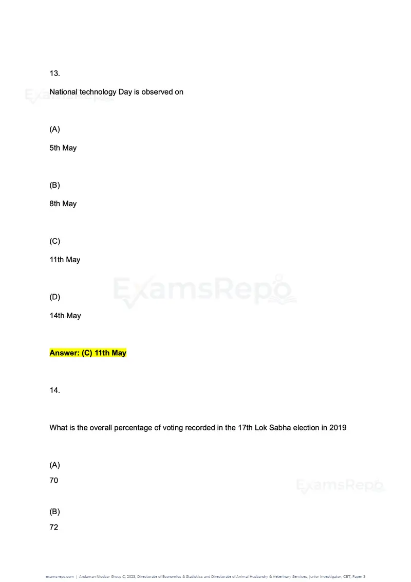 Andaman Nicobar Group C 2023 question paper, Directorate of Economics & Statistics and Directorate of Animal Husbandry & Veterinary Services, Junior Investigator, CBT, Paper 3, page 9 of 55