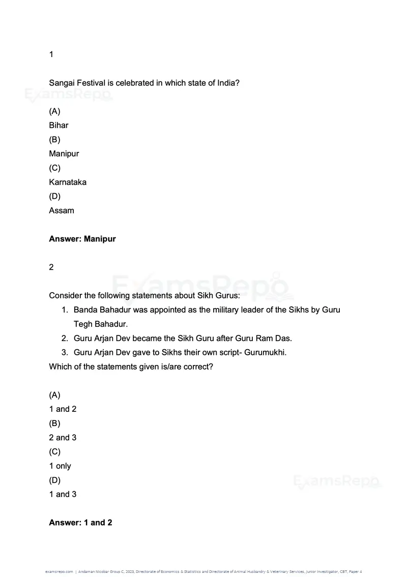 Andaman Nicobar Group C 2023 question paper, Directorate of Economics & Statistics and Directorate of Animal Husbandry & Veterinary Services, Junior Investigator, CBT, Paper 4, page 1 of 51