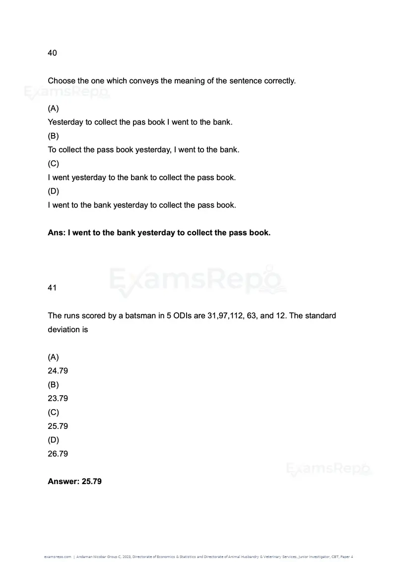 Andaman Nicobar Group C 2023 question paper, Directorate of Economics & Statistics and Directorate of Animal Husbandry & Veterinary Services, Junior Investigator, CBT, Paper 4, page 21 of 51