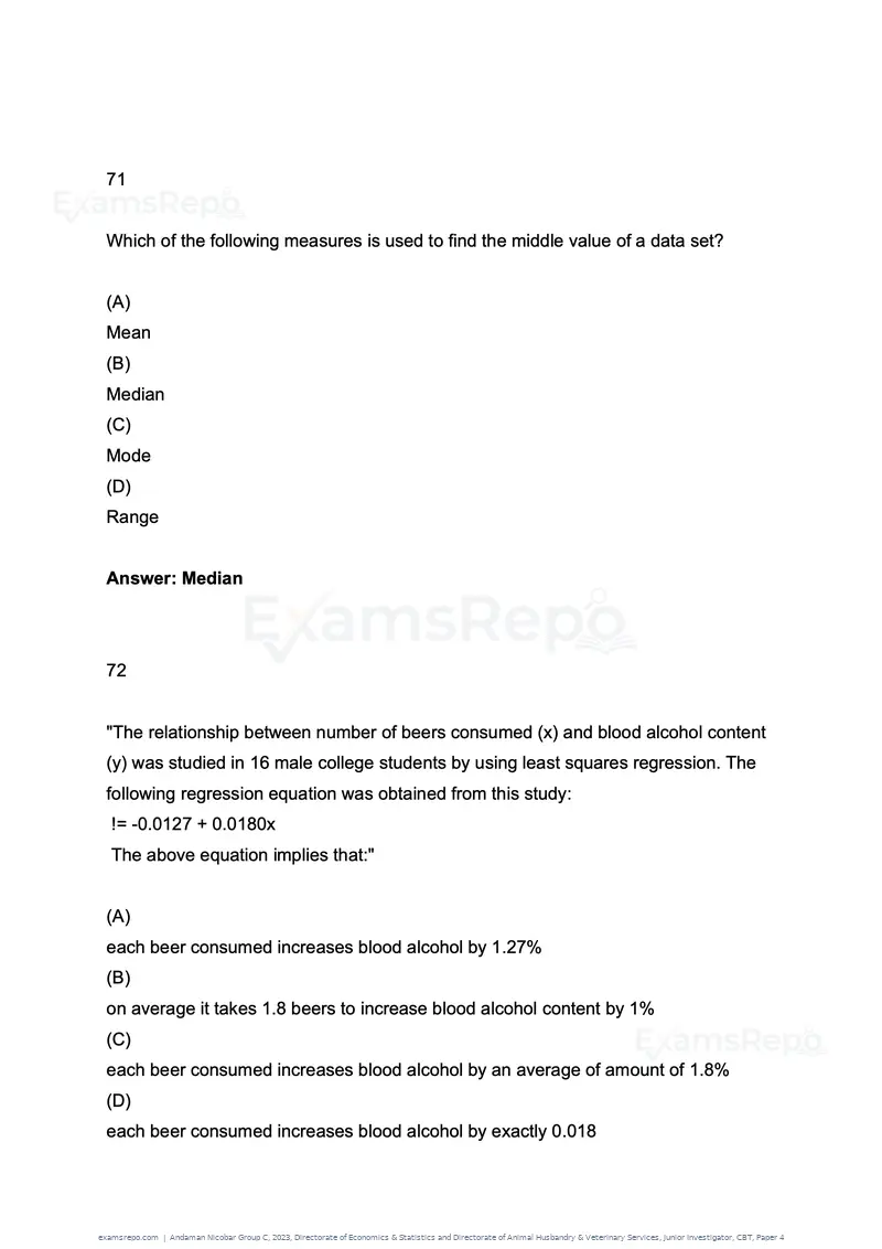 Andaman Nicobar Group C 2023 question paper, Directorate of Economics & Statistics and Directorate of Animal Husbandry & Veterinary Services, Junior Investigator, CBT, Paper 4, page 36 of 51
