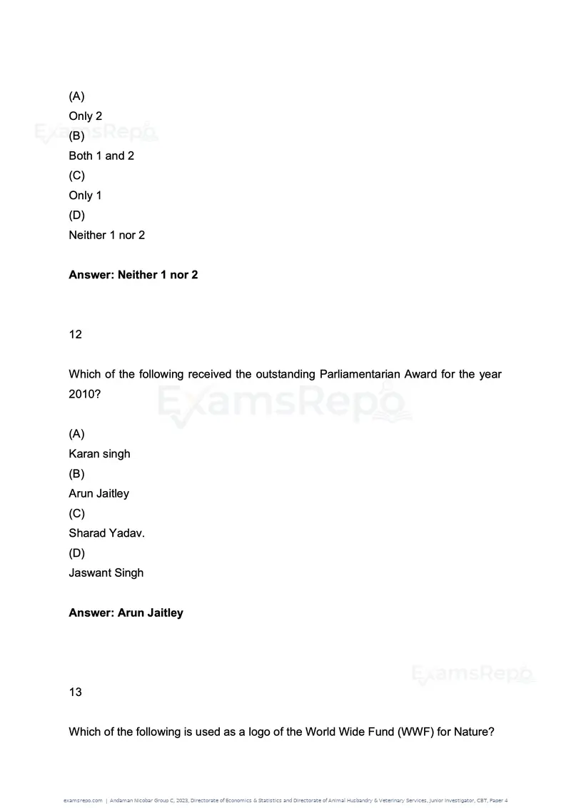 Andaman Nicobar Group C 2023 question paper, Directorate of Economics & Statistics and Directorate of Animal Husbandry & Veterinary Services, Junior Investigator, CBT, Paper 4, page 6 of 51