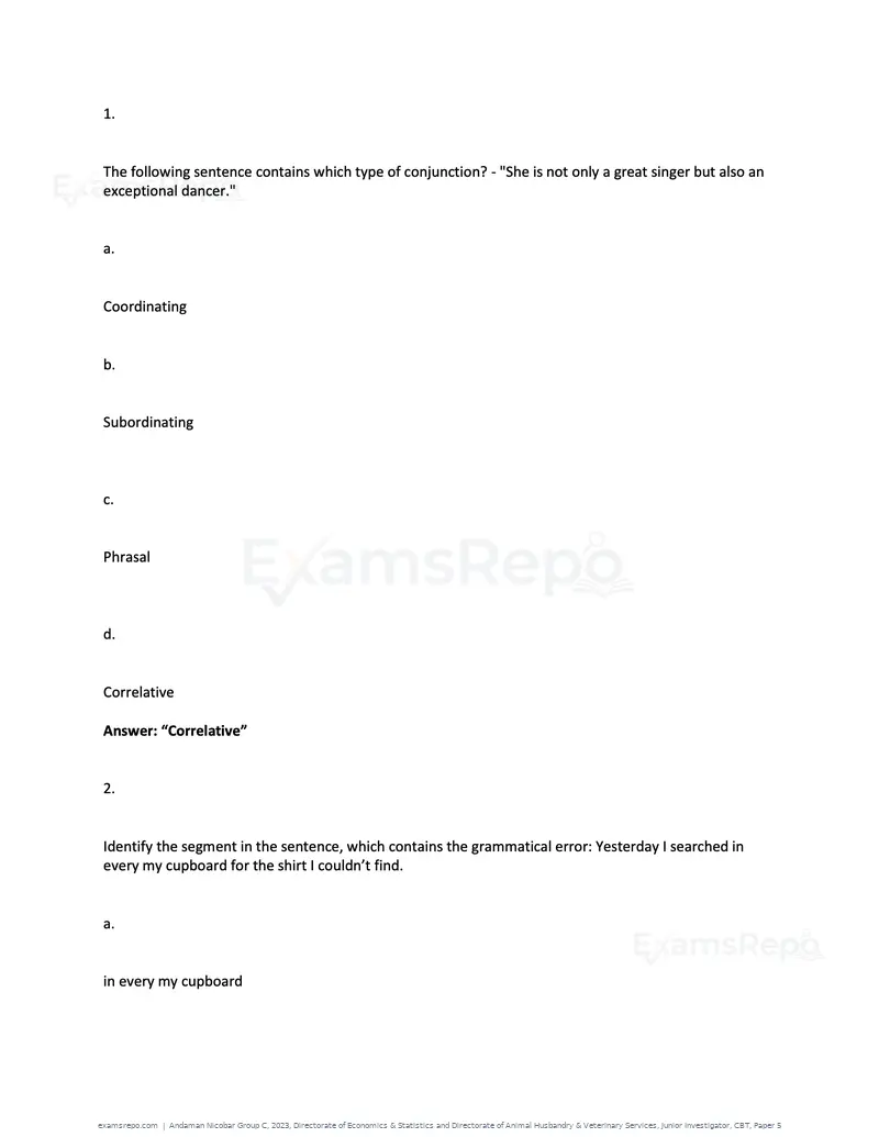 Andaman Nicobar Group C 2023 question paper, Directorate of Economics & Statistics and Directorate of Animal Husbandry & Veterinary Services, Junior Investigator, CBT, Paper 5, page 1 of 74