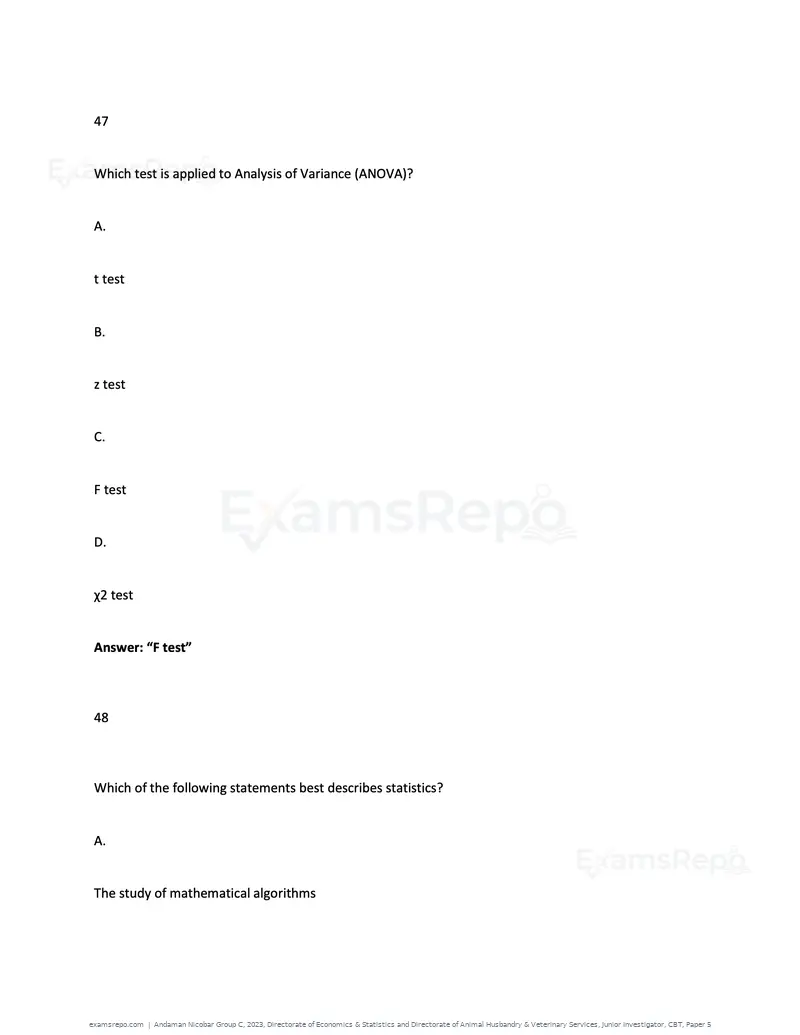 Andaman Nicobar Group C 2023 question paper, Directorate of Economics & Statistics and Directorate of Animal Husbandry & Veterinary Services, Junior Investigator, CBT, Paper 5, page 36 of 74