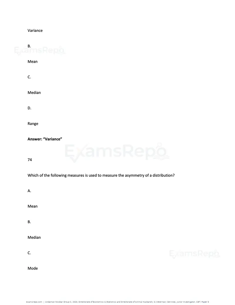 Andaman Nicobar Group C 2023 question paper, Directorate of Economics & Statistics and Directorate of Animal Husbandry & Veterinary Services, Junior Investigator, CBT, Paper 5, page 55 of 74