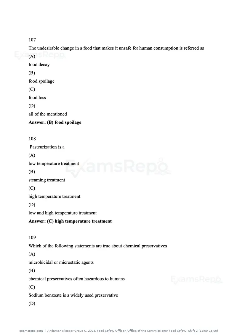 Andaman Nicobar Group C 2023 question paper, Food Safety Officer, Office of the Commissioner Food Safety, Shift 2 (13:00-15:00), page 40 of 44