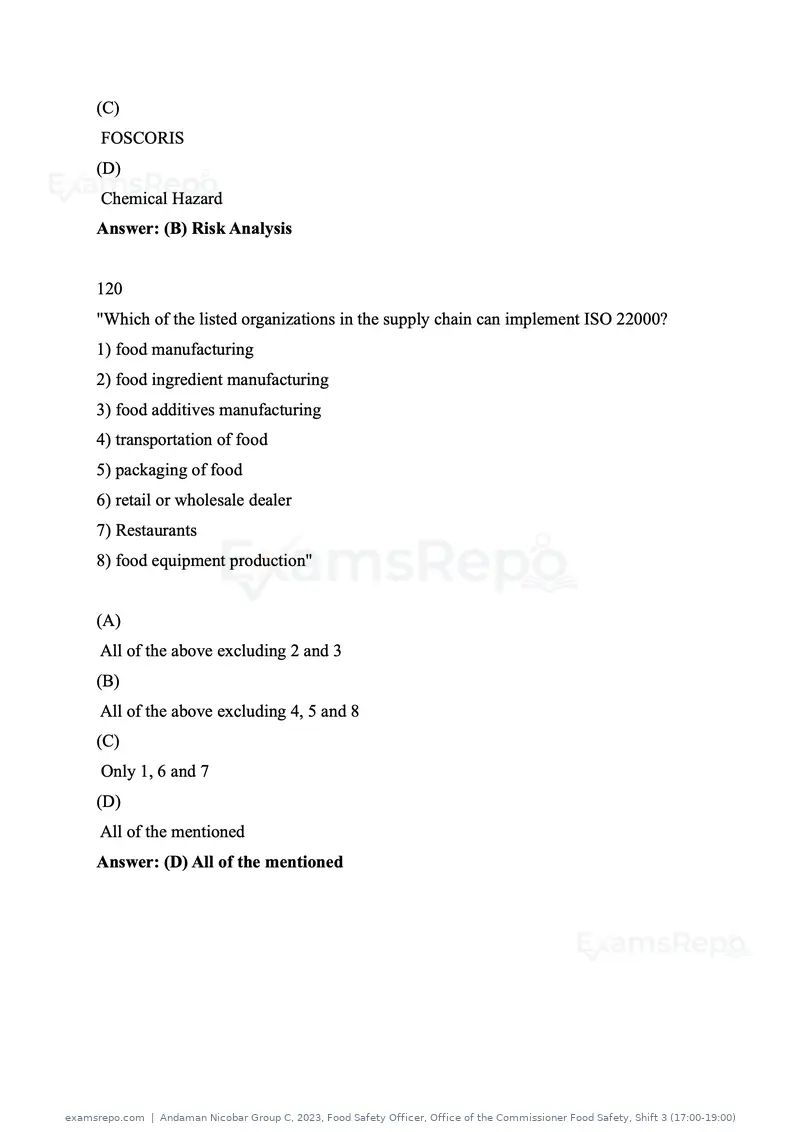 Andaman Nicobar Group C 2023 question paper, Food Safety Officer, Office of the Commissioner Food Safety, Shift 3 (17:00-19:00), page 50 of 50