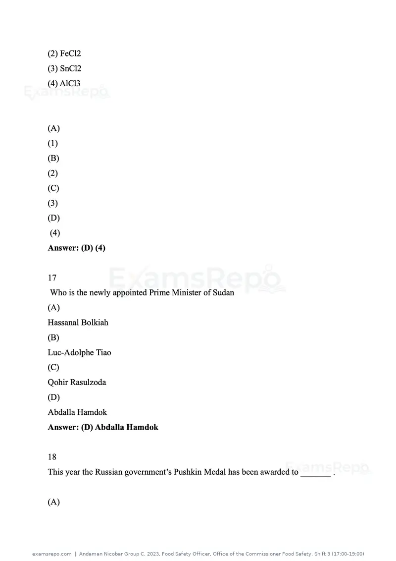 Andaman Nicobar Group C 2023 question paper, Food Safety Officer, Office of the Commissioner Food Safety, Shift 3 (17:00-19:00), page 7 of 50