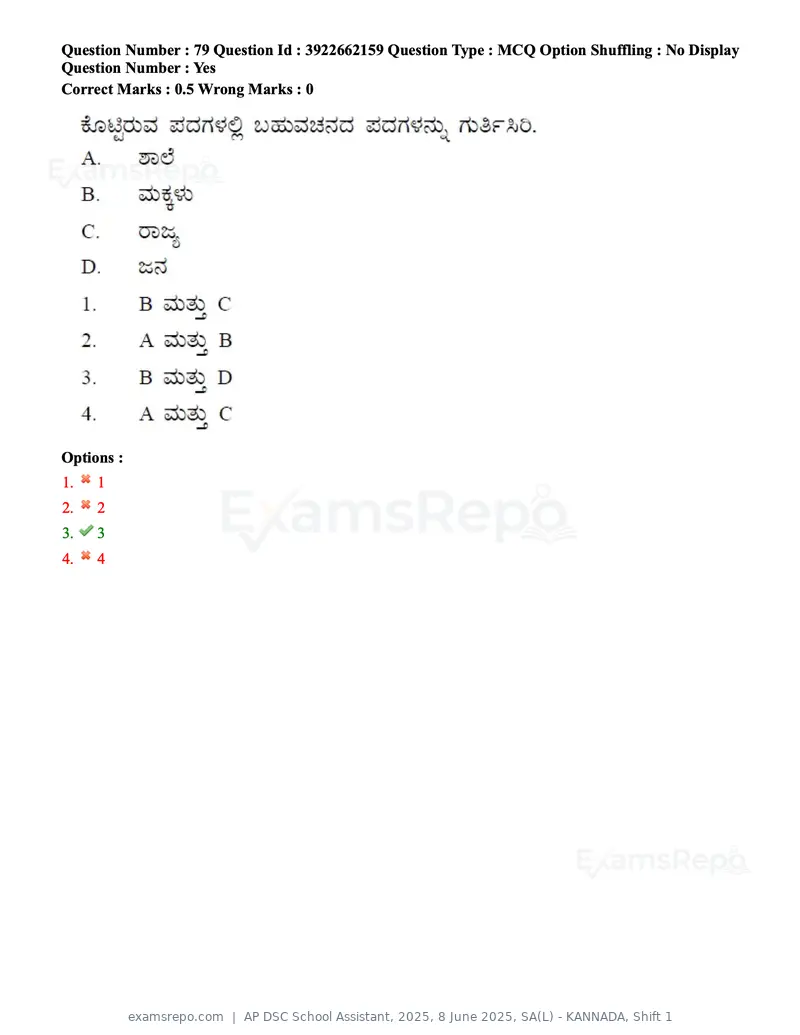 AP DSC School Assistant 2025 question paper, 8 June 2025, SA(L) - KANNADA, Shift 1, page 62 of 104