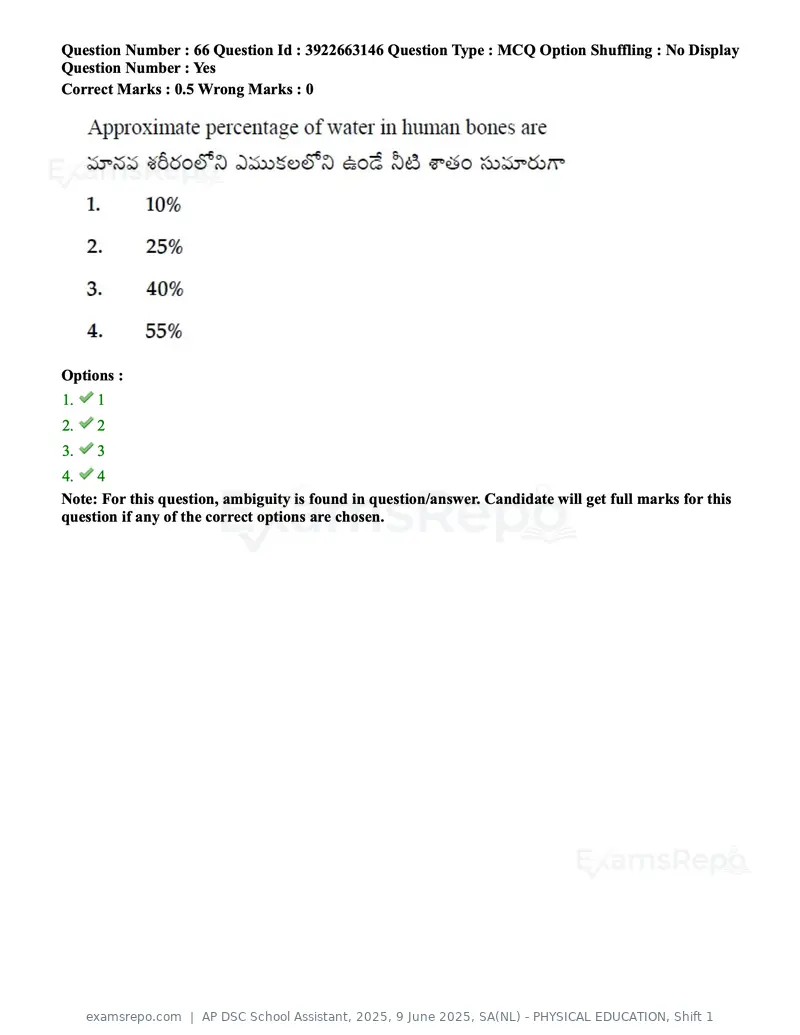 AP DSC School Assistant 2025 question paper, 9 June 2025, SA(NL) - PHYSICAL EDUCATION, Shift 1, page 67 of 200
