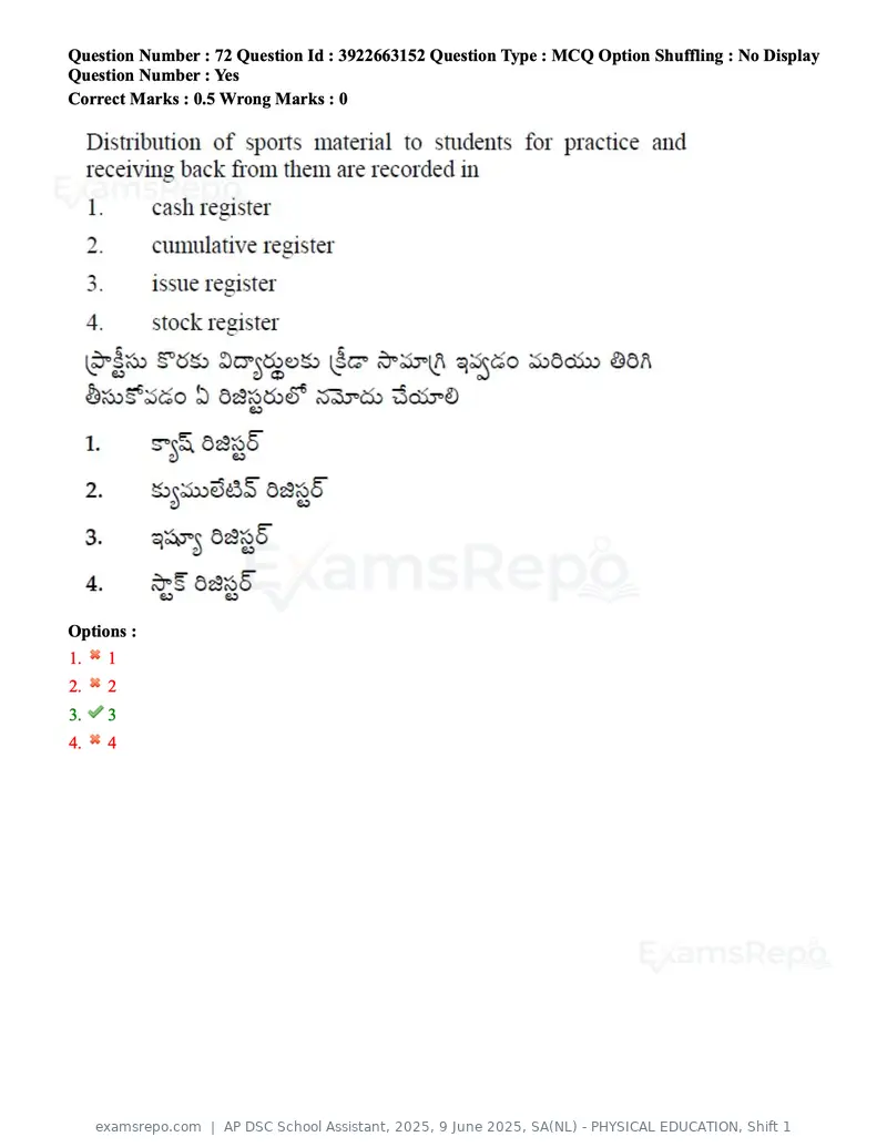 AP DSC School Assistant 2025 question paper, 9 June 2025, SA(NL) - PHYSICAL EDUCATION, Shift 1, page 73 of 200