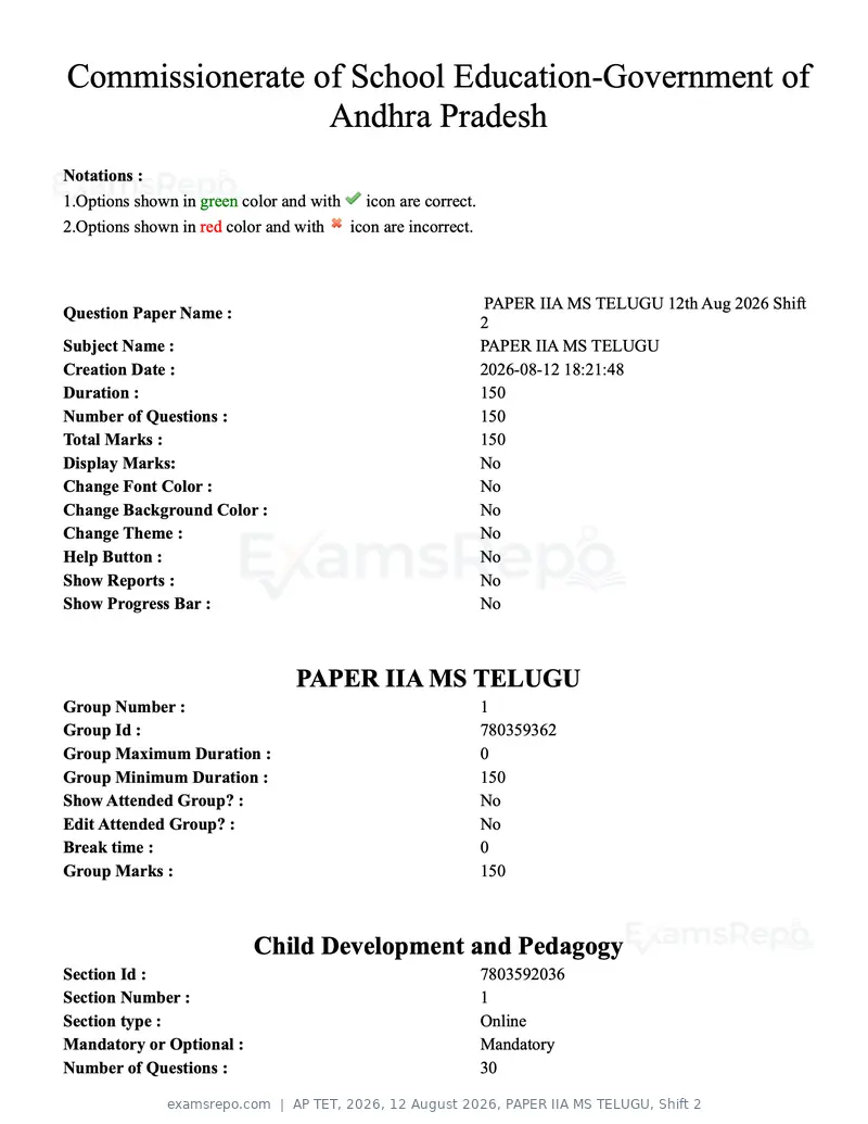AP TET 2026 question paper, 12 August 2026, PAPER IIA MS TELUGU, Shift 2, page 1 of 116