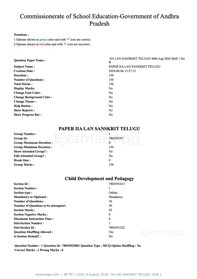 AP TET 2026 question paper, 6 August 2026, IIA LAN SANSKRIT TELUGU, Shift 1, page 1 of 76