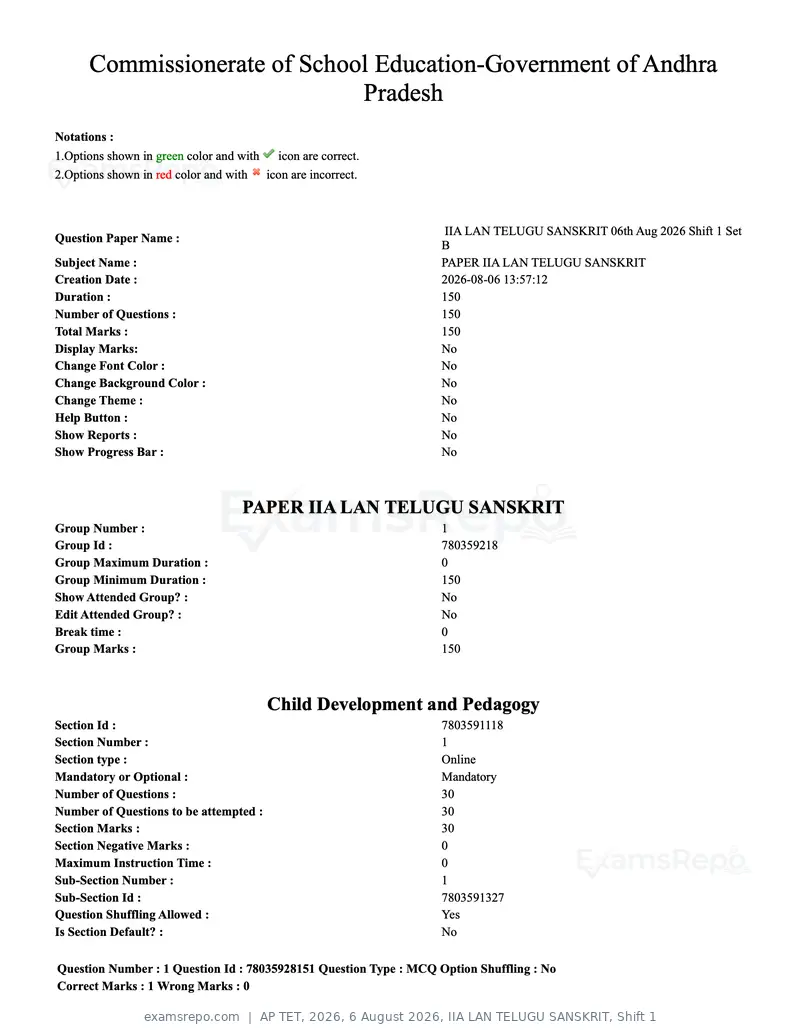 AP TET 2026 question paper, 6 August 2026, IIA LAN TELUGU SANSKRIT, Shift 1, page 1 of 74