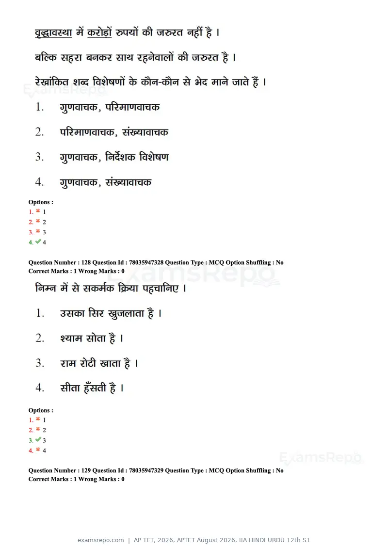AP TET 2026 question paper, APTET August 2026, IIA HINDI URDU 12th S1, page 61 of 72