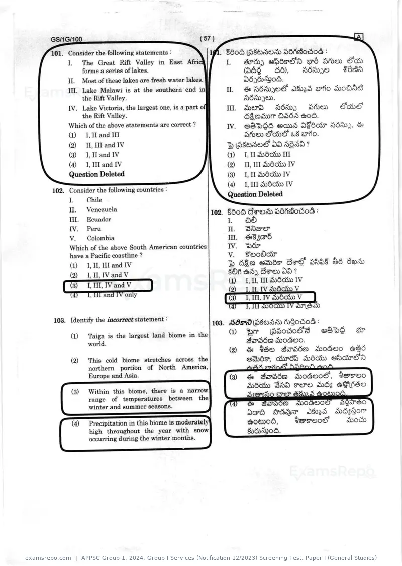 APPSC Group 1 2024 question paper, Group-I Services (Notification 12/2023) Screening Test, Paper I (General Studies), page 57 of 64