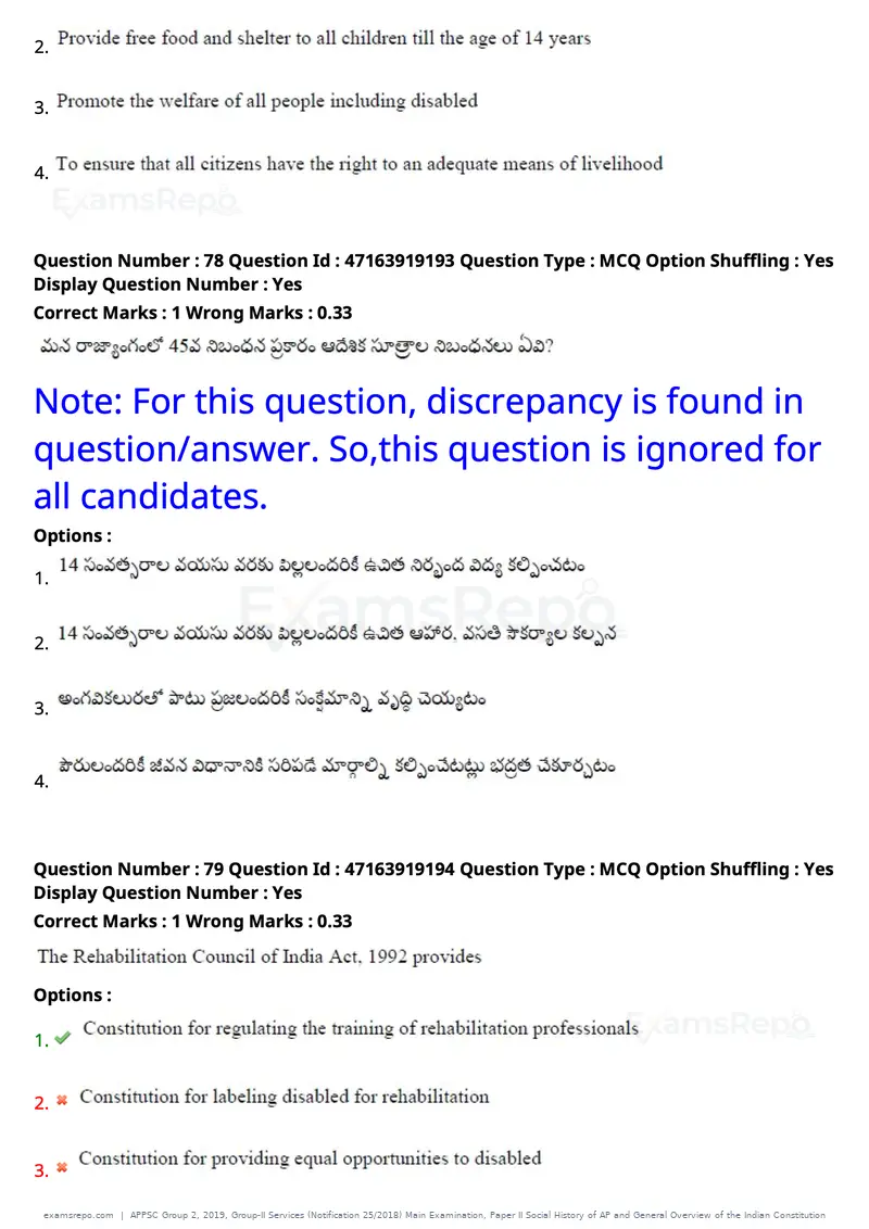 APPSC Group 2 2019 question paper, Group-II Services (Notification 25/2018) Main Examination, Paper II Social History of AP and General Overview of the Indian Constitution, page 62 of 121