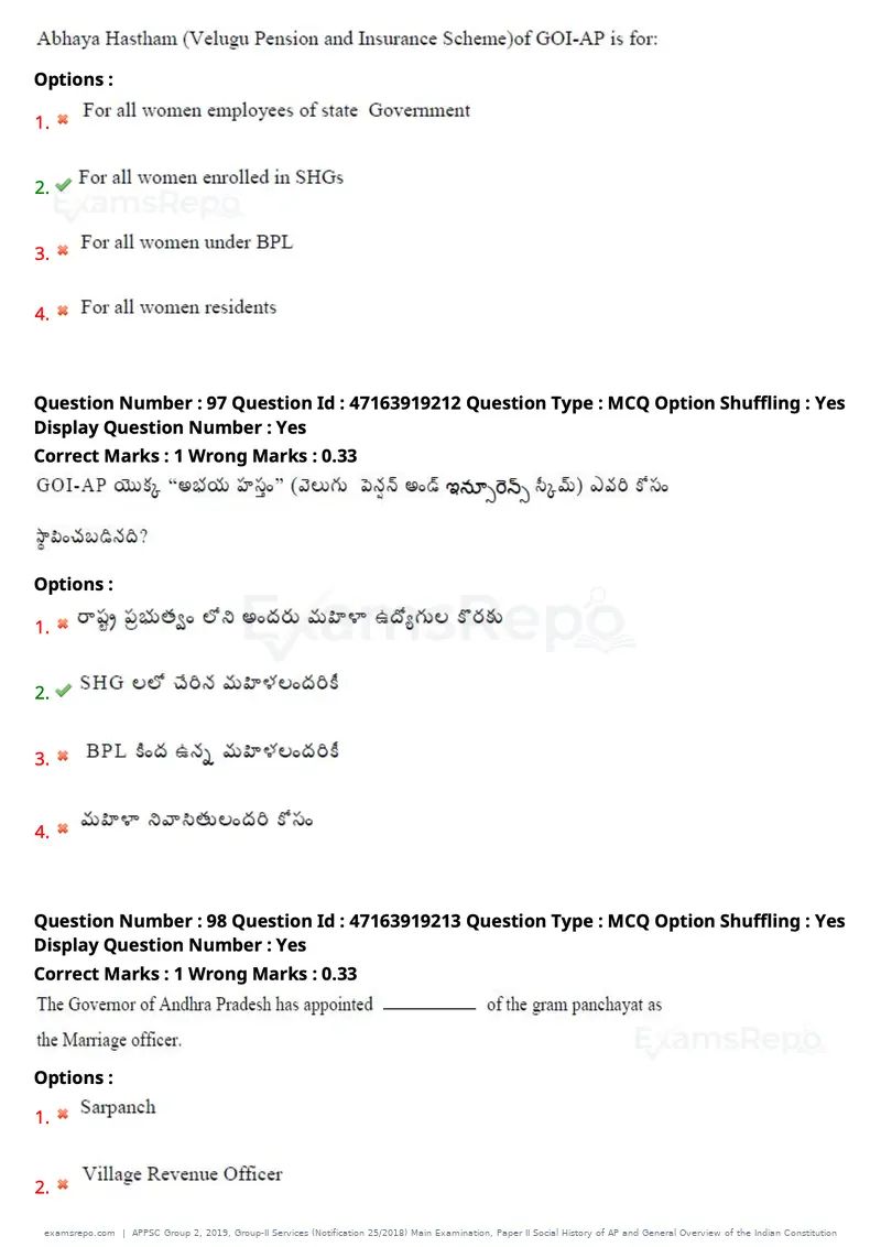 APPSC Group 2 2019 question paper, Group-II Services (Notification 25/2018) Main Examination, Paper II Social History of AP and General Overview of the Indian Constitution, page 78 of 121