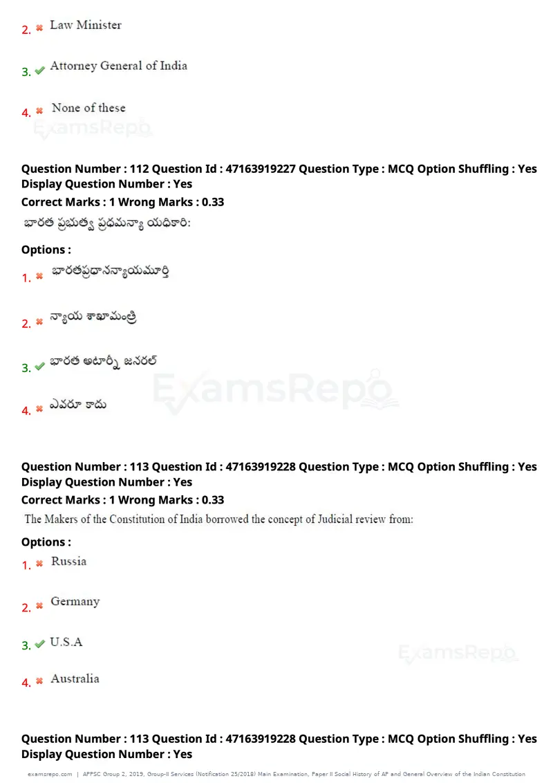 APPSC Group 2 2019 question paper, Group-II Services (Notification 25/2018) Main Examination, Paper II Social History of AP and General Overview of the Indian Constitution, page 90 of 121