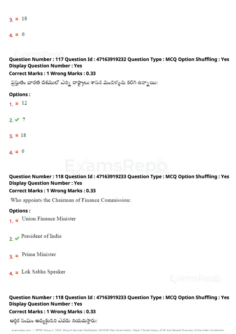APPSC Group 2 2019 question paper, Group-II Services (Notification 25/2018) Main Examination, Paper II Social History of AP and General Overview of the Indian Constitution, page 94 of 121