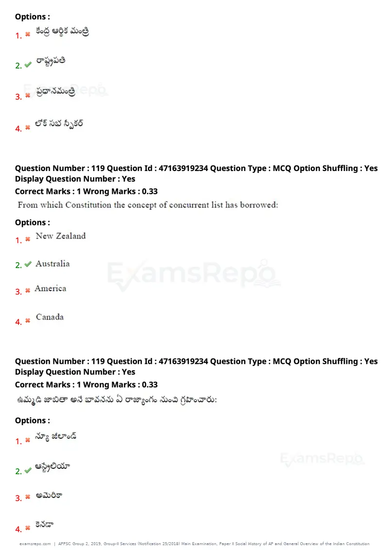 APPSC Group 2 2019 question paper, Group-II Services (Notification 25/2018) Main Examination, Paper II Social History of AP and General Overview of the Indian Constitution, page 95 of 121
