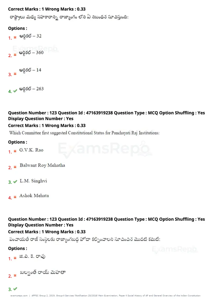 APPSC Group 2 2019 question paper, Group-II Services (Notification 25/2018) Main Examination, Paper II Social History of AP and General Overview of the Indian Constitution, page 98 of 121