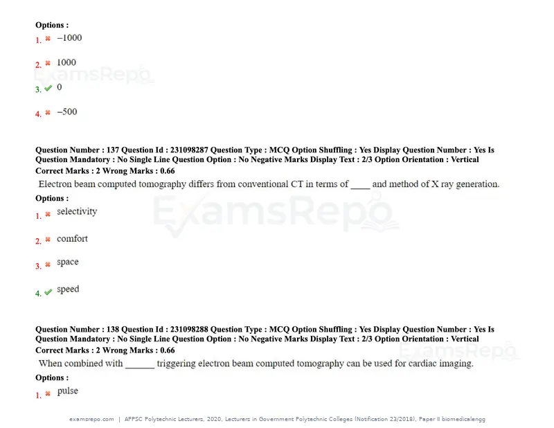 APPSC Polytechnic Lecturers 2020 question paper, Lecturers in Government Polytechnic Colleges (Notification 23/2018), Paper II biomedicalengg, page 66 of 72