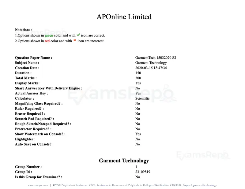 APPSC Polytechnic Lecturers 2020 question paper, Lecturers in Government Polytechnic Colleges (Notification 23/2018), Paper II garmenttechnology, page 1 of 73
