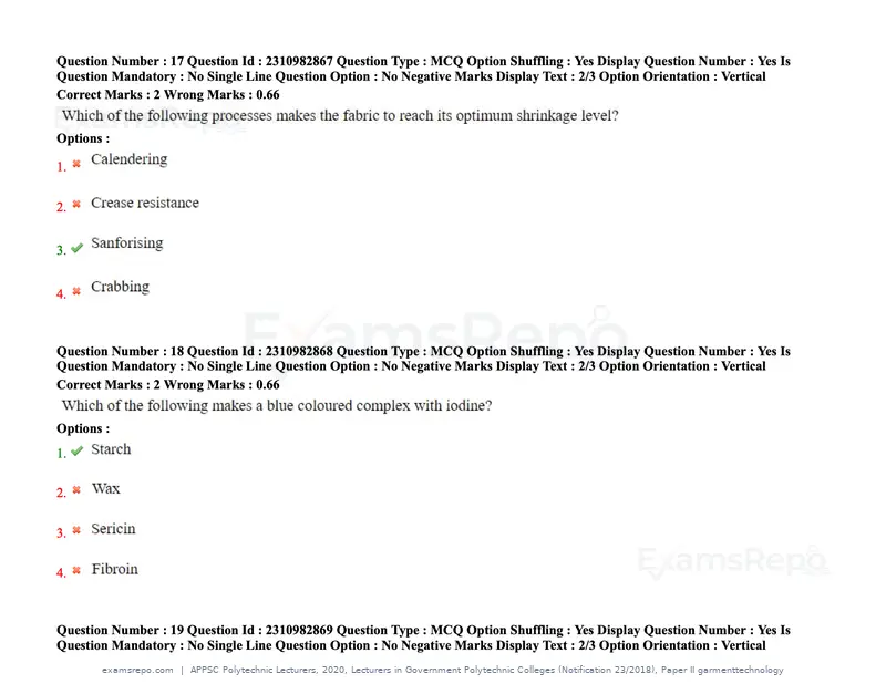 APPSC Polytechnic Lecturers 2020 question paper, Lecturers in Government Polytechnic Colleges (Notification 23/2018), Paper II garmenttechnology, page 10 of 73