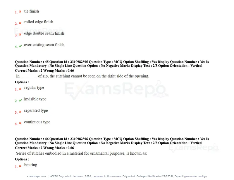 APPSC Polytechnic Lecturers 2020 question paper, Lecturers in Government Polytechnic Colleges (Notification 23/2018), Paper II garmenttechnology, page 23 of 73