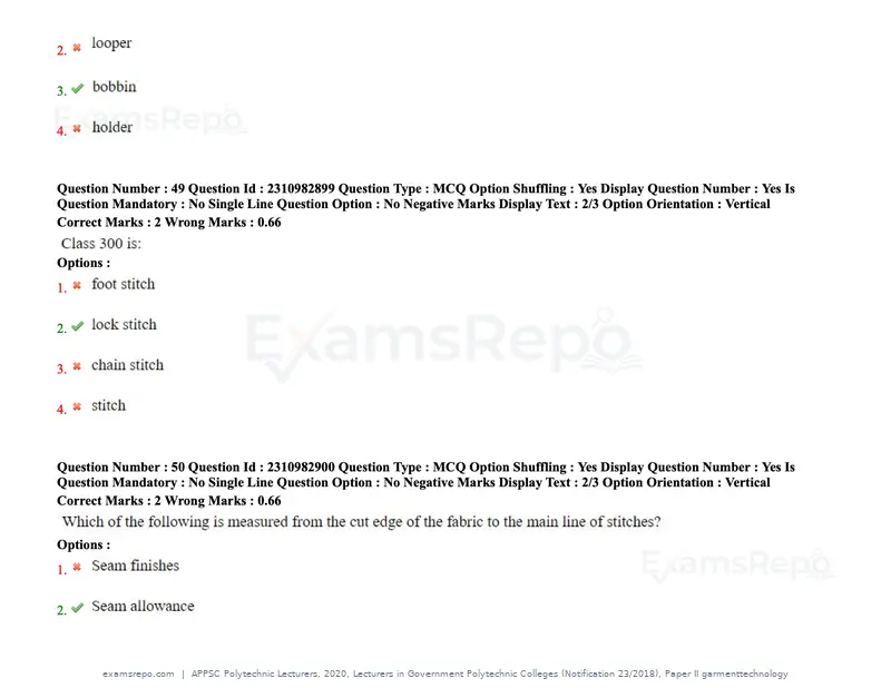 APPSC Polytechnic Lecturers 2020 question paper, Lecturers in Government Polytechnic Colleges (Notification 23/2018), Paper II garmenttechnology, page 25 of 73