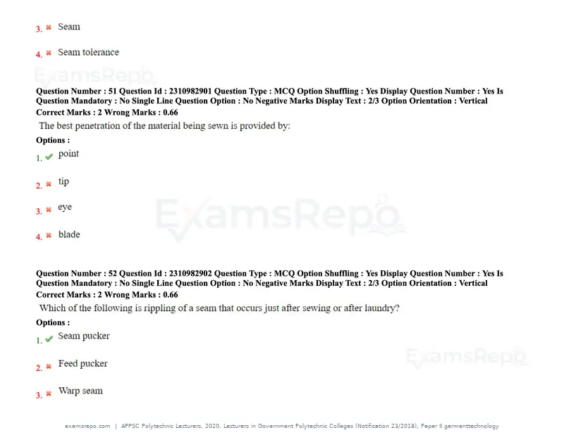 APPSC Polytechnic Lecturers 2020 question paper, Lecturers in Government Polytechnic Colleges (Notification 23/2018), Paper II garmenttechnology, page 26 of 73