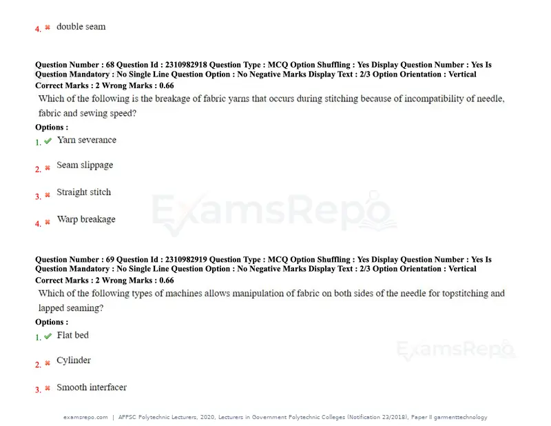 APPSC Polytechnic Lecturers 2020 question paper, Lecturers in Government Polytechnic Colleges (Notification 23/2018), Paper II garmenttechnology, page 34 of 73