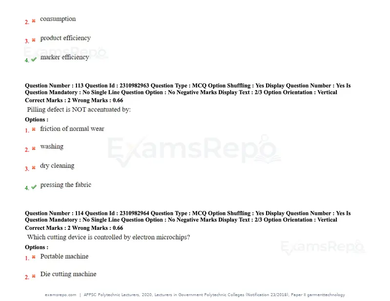 APPSC Polytechnic Lecturers 2020 question paper, Lecturers in Government Polytechnic Colleges (Notification 23/2018), Paper II garmenttechnology, page 55 of 73