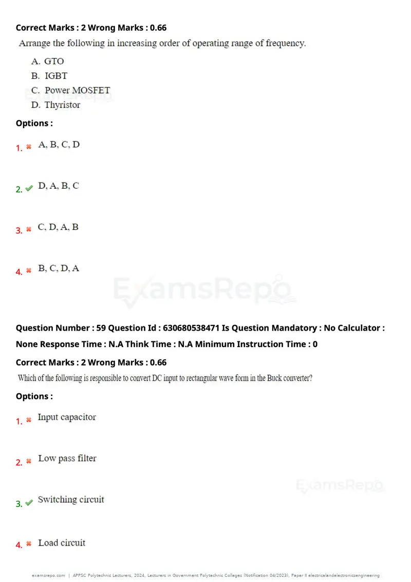 APPSC Polytechnic Lecturers 2024 question paper, Lecturers in Government Polytechnic Colleges (Notification 04/2023), Paper II electricalandelectronicsengineering, page 40 of 95