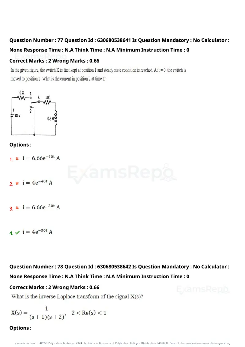 APPSC Polytechnic Lecturers 2024 question paper, Lecturers in Government Polytechnic Colleges (Notification 04/2023), Paper II electronicsandcommunicationengineering, page 51 of 100