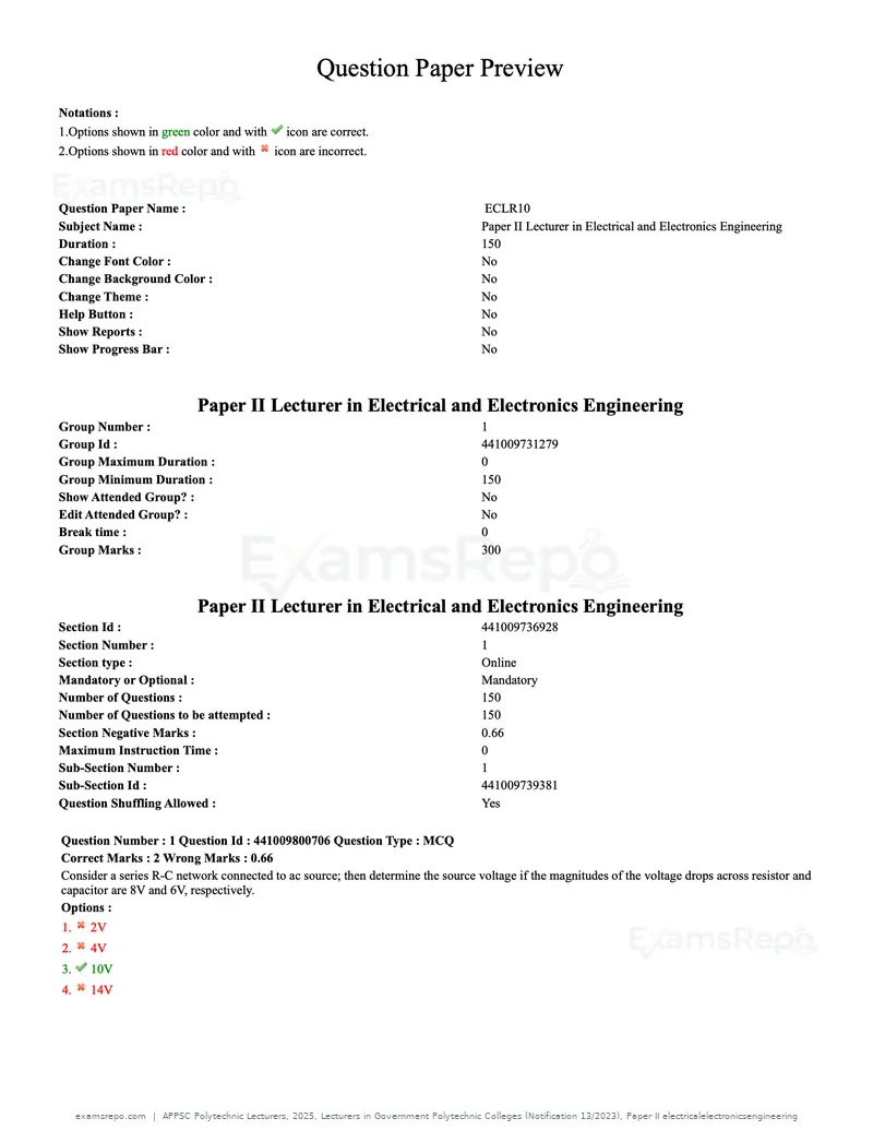 APPSC Polytechnic Lecturers 2025 question paper, Lecturers in Government Polytechnic Colleges (Notification 13/2023), Paper II electricalelectronicsengineering, page 1 of 47