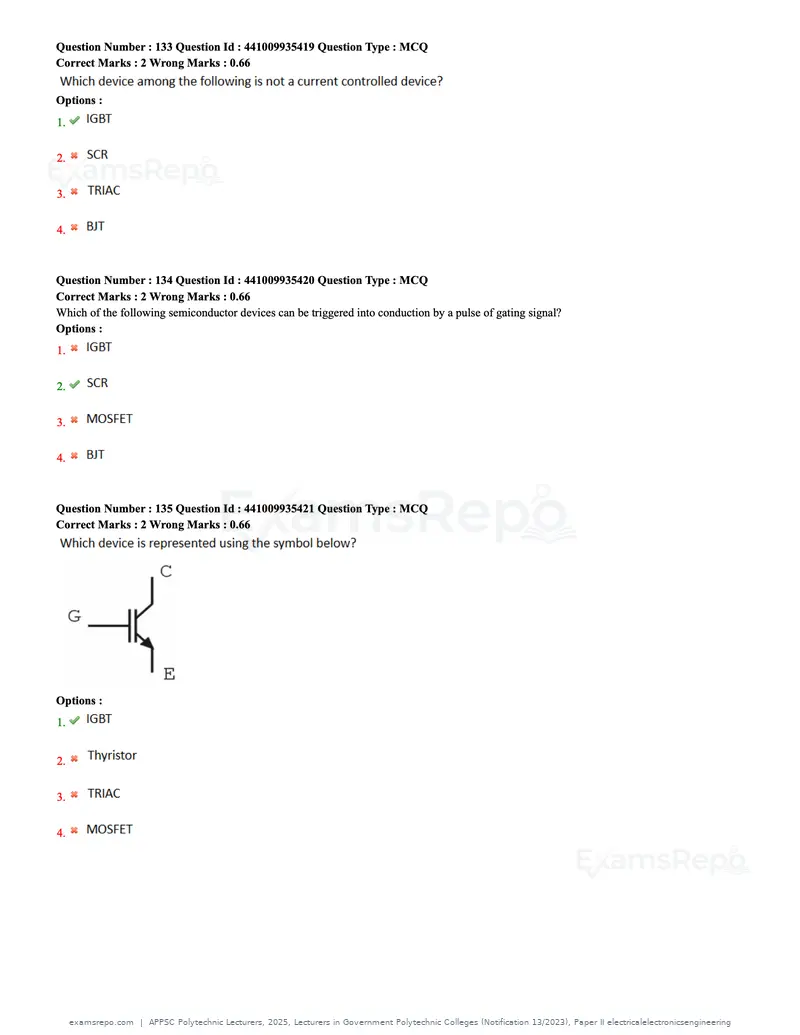 APPSC Polytechnic Lecturers 2025 question paper, Lecturers in Government Polytechnic Colleges (Notification 13/2023), Paper II electricalelectronicsengineering, page 42 of 47