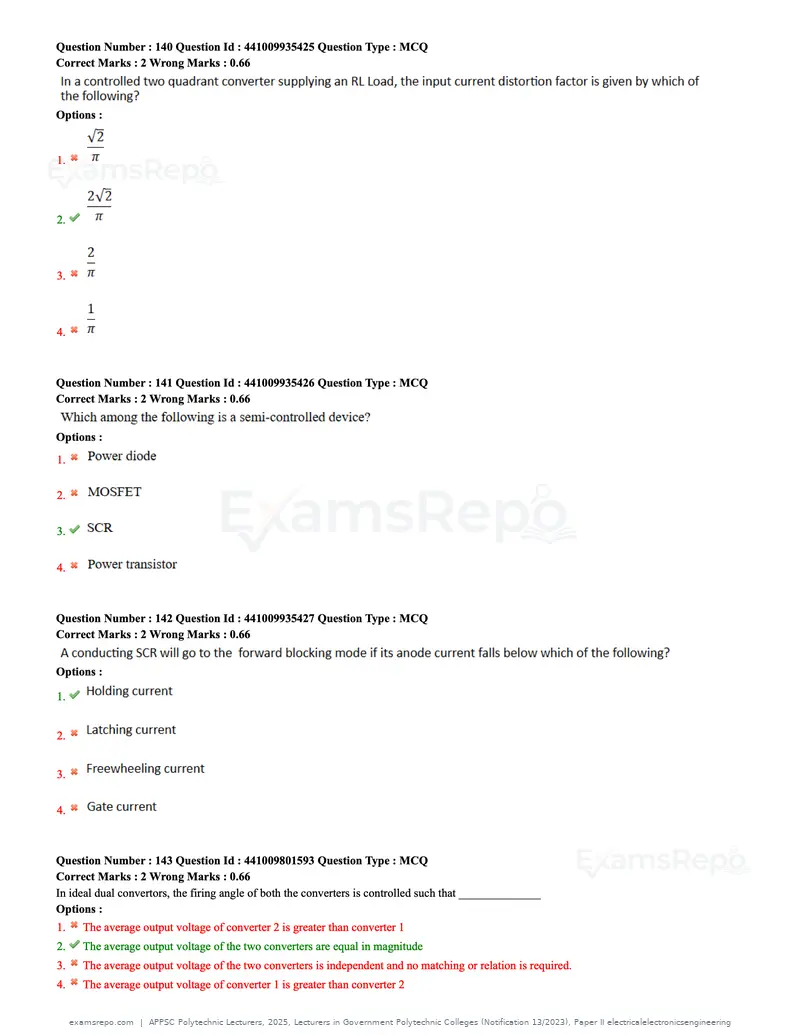 APPSC Polytechnic Lecturers 2025 question paper, Lecturers in Government Polytechnic Colleges (Notification 13/2023), Paper II electricalelectronicsengineering, page 44 of 47