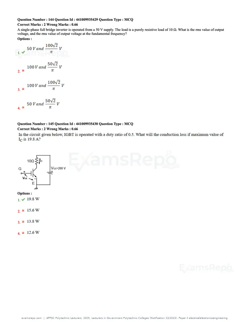 APPSC Polytechnic Lecturers 2025 question paper, Lecturers in Government Polytechnic Colleges (Notification 13/2023), Paper II electricalelectronicsengineering, page 45 of 47
