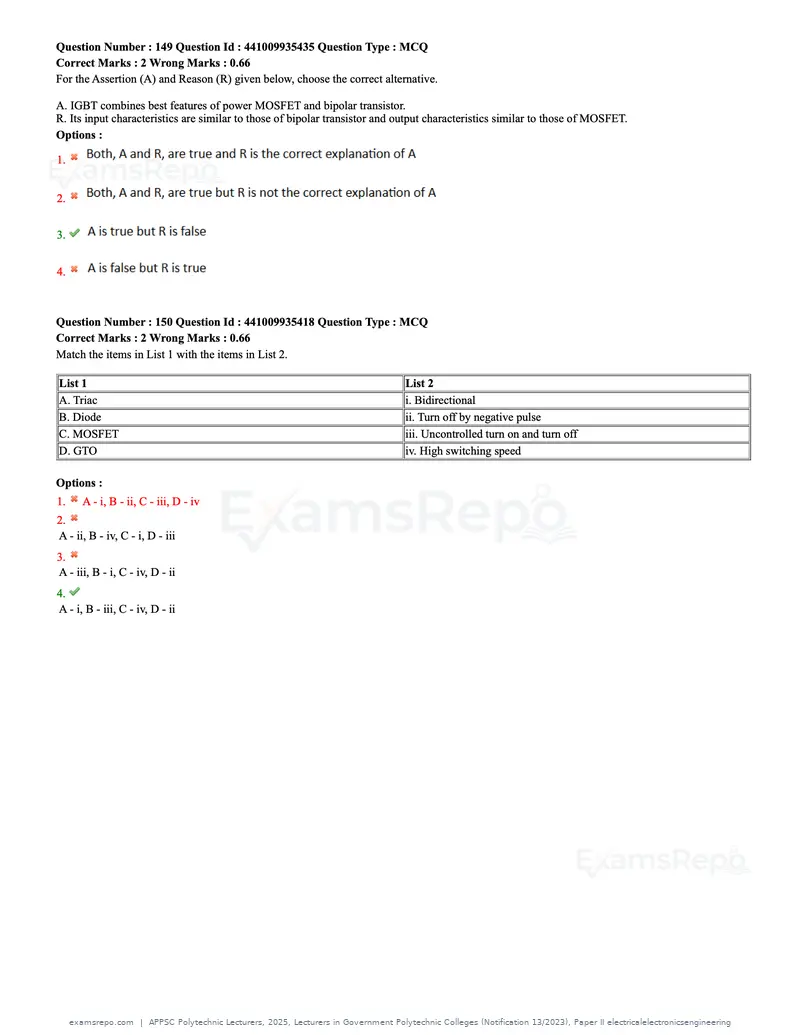 APPSC Polytechnic Lecturers 2025 question paper, Lecturers in Government Polytechnic Colleges (Notification 13/2023), Paper II electricalelectronicsengineering, page 47 of 47