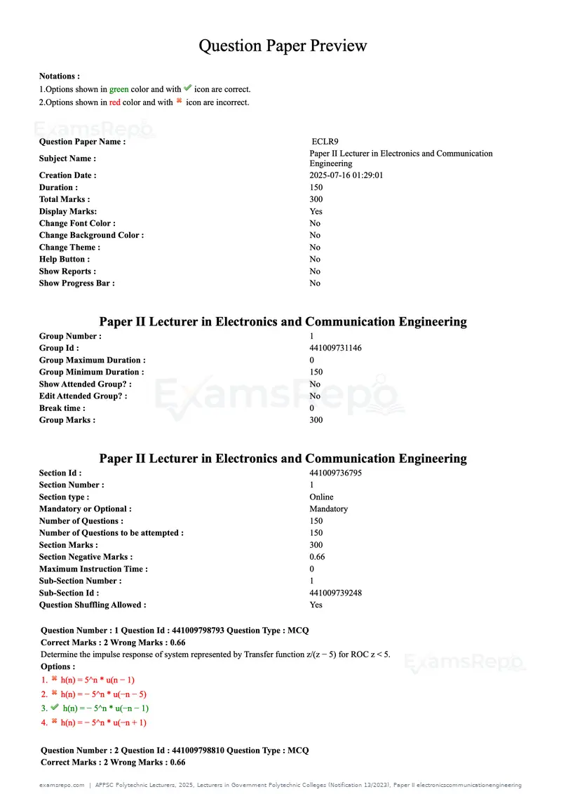 APPSC Polytechnic Lecturers 2025 question paper, Lecturers in Government Polytechnic Colleges (Notification 13/2023), Paper II electronicscommunicationengineering, page 1 of 42