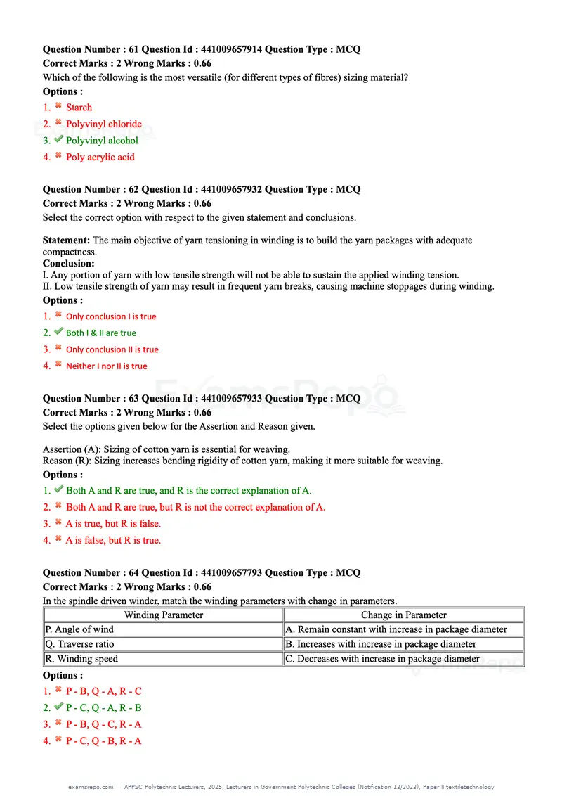 APPSC Polytechnic Lecturers 2025 question paper, Lecturers in Government Polytechnic Colleges (Notification 13/2023), Paper II textiletechnology, page 16 of 36